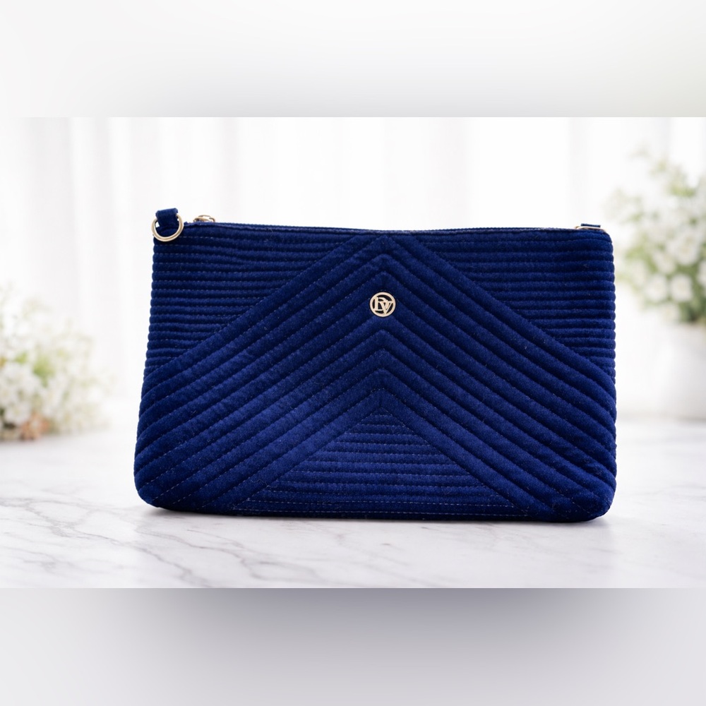La Diva DV Logo Velvet Chevron Zip Wristlet Clutch – Navy Blue